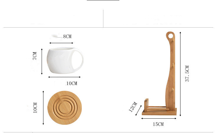 Six-Piece Ceramic Cup Set, 200 ml Tea and Coffee Cups with Bamboo and Wooden Stand