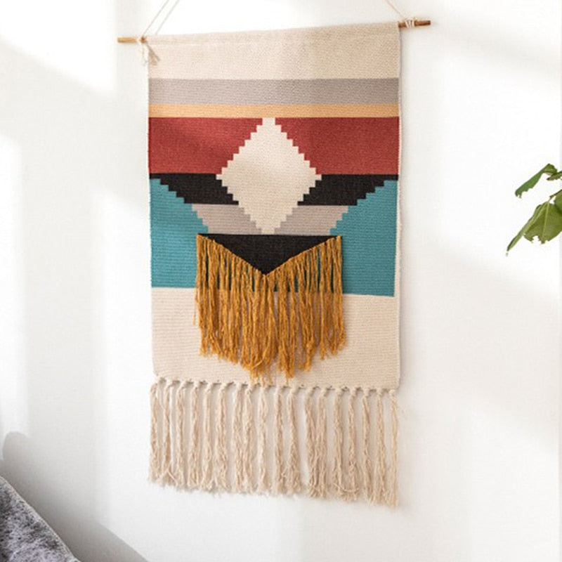 Bohemian Geometric Macramé Tapestry Wall Hangings - Handmade Cotton Linen Décor with Tassel Accents