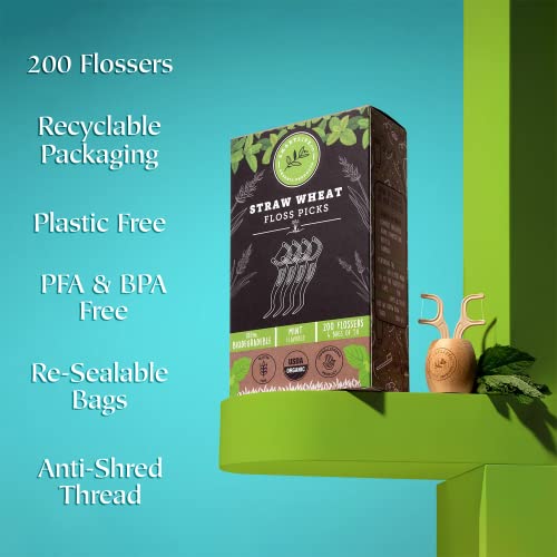Biodegradable Dental Floss Picks - Natural Plastic Free Handle | Thin Thread Tooth Flossers for Adults & Kids | Toothpick Stick Soft on Gum & Teeth | Eco Friendly Zero Waste Vegan Organic (200, Mint)