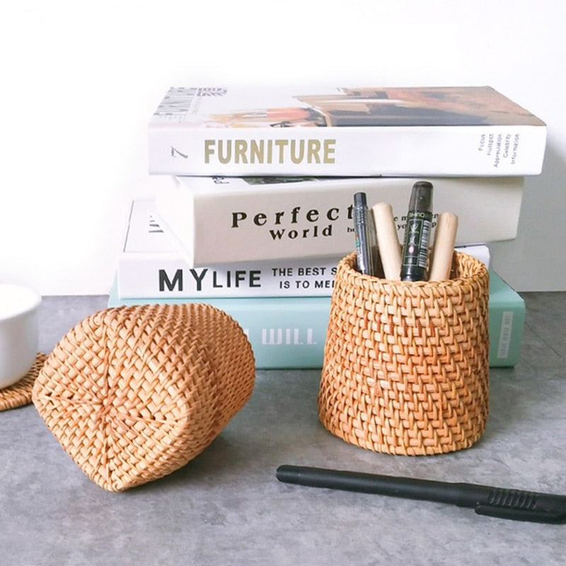 Rattan Handmade Storage Basket for Household Items, Tableware, Tea Ceremony Accessories, Cosmetics, Pens, and Decorative Purposes