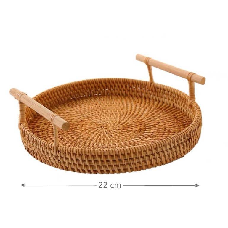 Round Rattan Wicker Fruit Tray with Wooden Handle - Versatile Food and Bread Serving Basket for Home Storage