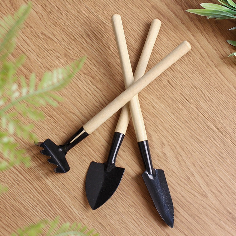 Mini Wooden-Handled Gardening Tool Set - 3 Pieces