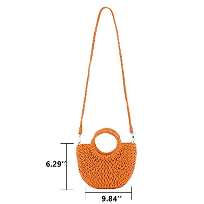 QTKJ Mini Semi-circle Rattan Straw Handbags, Hand-woven Women Summer Retro Straw Tote Bag Shoulder Bag Crossbody Bag Round Handle Beach Handbags (Orange)