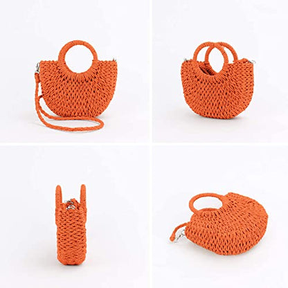 QTKJ Mini Semi-circle Rattan Straw Handbags, Hand-woven Women Summer Retro Straw Tote Bag Shoulder Bag Crossbody Bag Round Handle Beach Handbags (Orange)