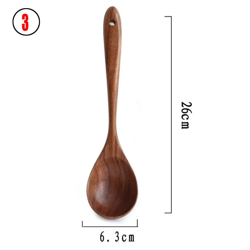 CHANSUNRUN Natural Thailand Teak Wood Kitchen Tool Set - Includes Long Ladle, Turner, Spoon, Colander, Skimmer, and Scoop for Cooking, Soup, Rice, and Tableware
