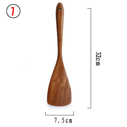 CHANSUNRUN Natural Thailand Teak Wood Kitchen Tool Set - Includes Long Ladle, Turner, Spoon, Colander, Skimmer, and Scoop for Cooking, Soup, Rice, and Tableware