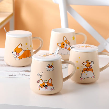 Ceramic Cartoon Mug with Lid and Spoon - 440ml Capacity for Coffee, Milk, or Tea - Ideal Breakfast Cup and Drinkware