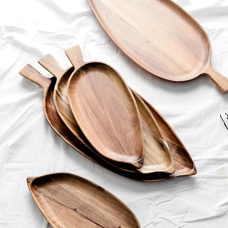 Acacia Wood Leaf Shape Plate; Perfect for Desserts, Bread, Nuts, Snacks, and Cakes | Wooden Tray for Kitchen Utensils