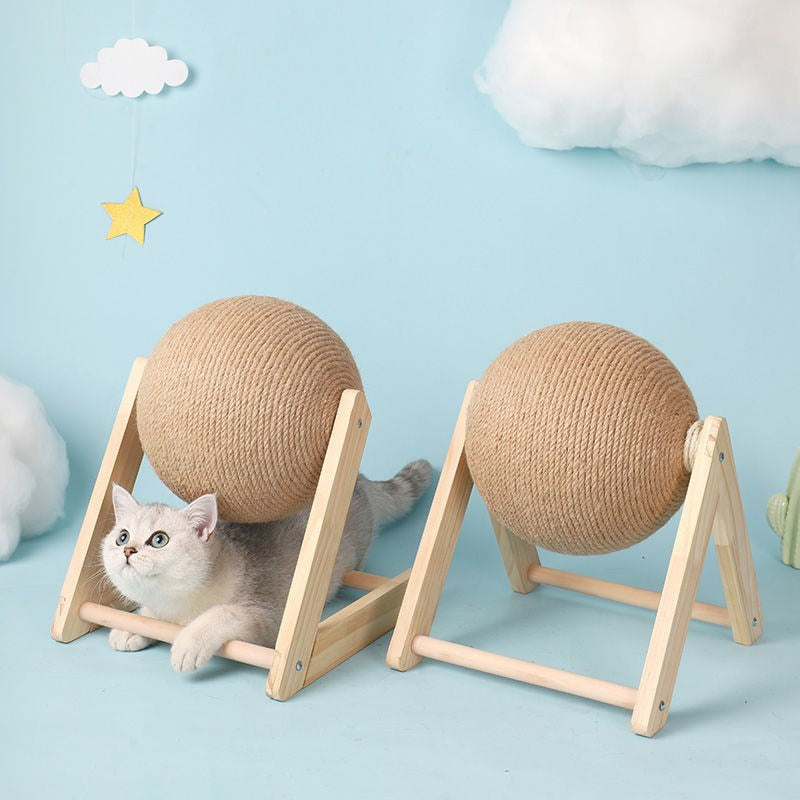 Natural Wood Cat Scratching Ball Toy - Sisal Rope Board for Kitten Play