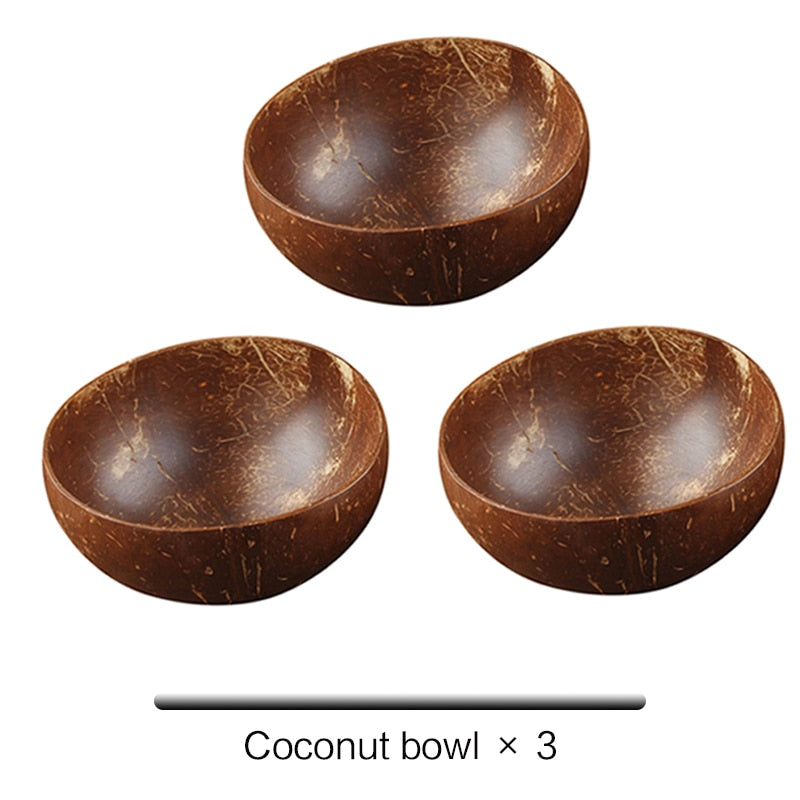 Natural Coconut Bowl Set - Handmade Eco-Friendly Vegan Bowls with Coco Wood Spoon Set for Kitchen Tableware and Home Storage.