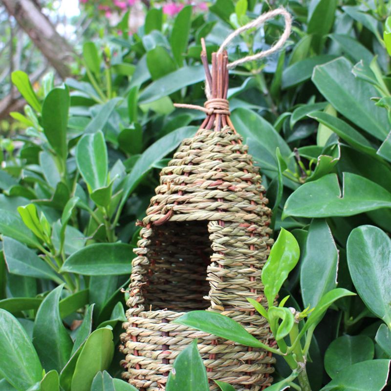 Rustic Birdhouse with Natural Fibers and Hand-Woven Straw Rope - Outdoor Shelter for Finches and Other Small Birds