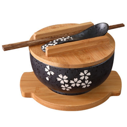 Japanese Instant Noodles Tableware Set with Ceramic Bowl, Wooden Spoon, and Chopsticks