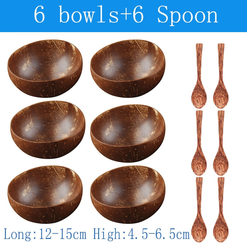 Natural Coconut Bowl and Spoon Set - 12-15cm Wooden Design Tableware for Home Kitchen, Dining, Salad, Rice, and Soup