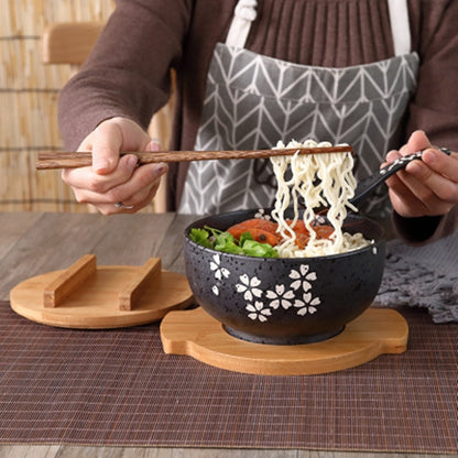 Japanese Instant Noodles Tableware Set with Ceramic Bowl, Wooden Spoon, and Chopsticks