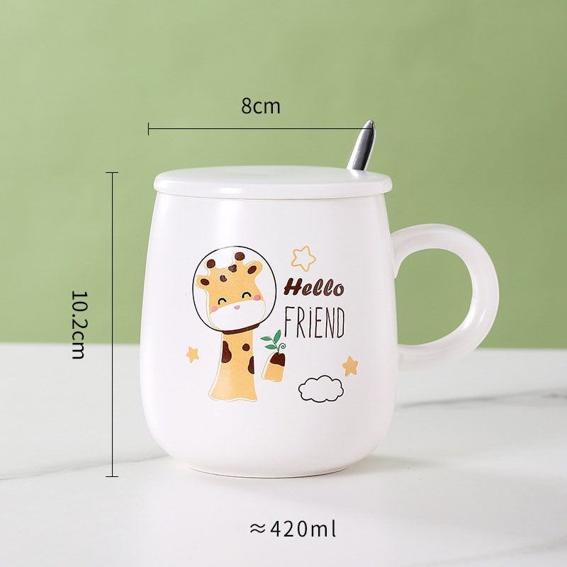Ceramic Cartoon Mug with Lid and Spoon - 440ml Capacity for Coffee, Milk, or Tea - Ideal Breakfast Cup and Drinkware