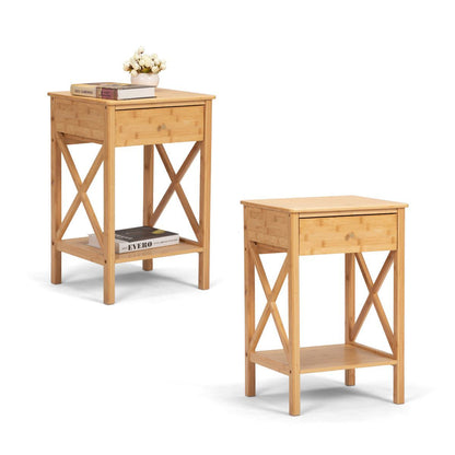Wood End Table Set Of 2 Farmhouse Bamboo Nightstand