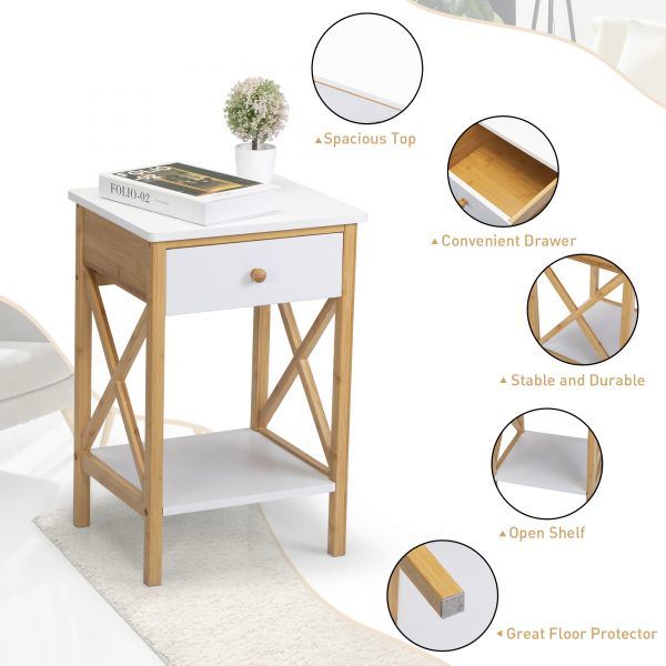 Bamboo Nightstand, Wood End Table with Drawer, Storage Shelf, X-Shape Frame, Side Table for Living Rooms, Bedrooms, Offices XH